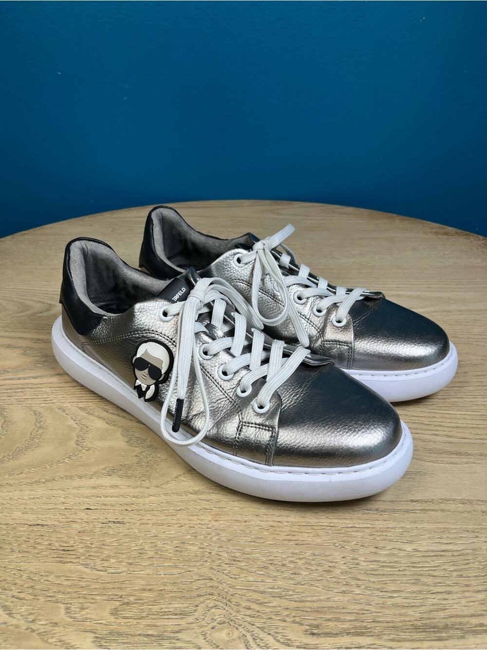 Karl Lagerfeld Paris Men's Karl Head Lace Up Sneakers Metallic Silver Size 12